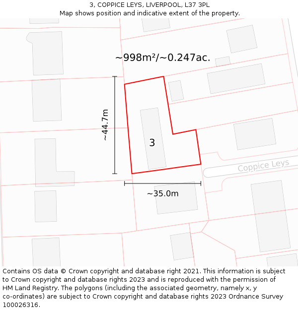 3, COPPICE LEYS, LIVERPOOL, L37 3PL: Plot and title map