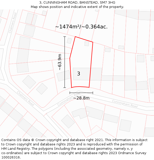 3, CUNNINGHAM ROAD, BANSTEAD, SM7 3HG: Plot and title map