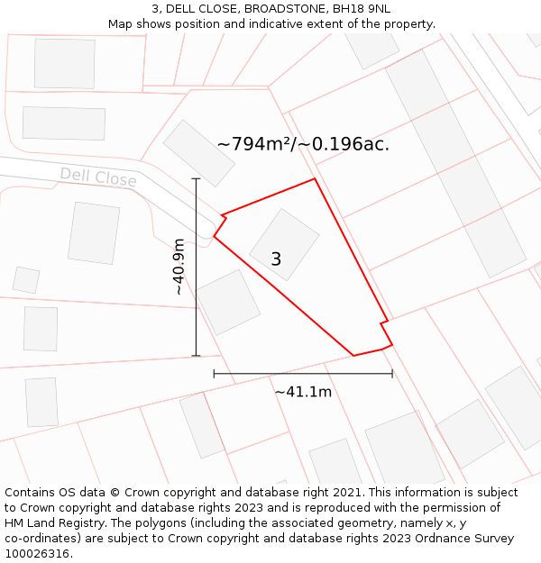 3, DELL CLOSE, BROADSTONE, BH18 9NL: Plot and title map