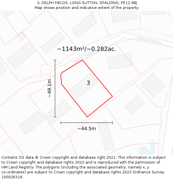 3, DELPH FIELDS, LONG SUTTON, SPALDING, PE12 9BJ: Plot and title map