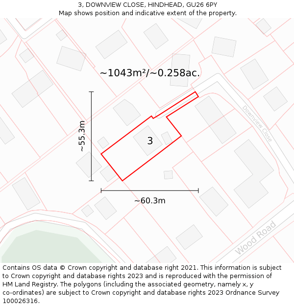 3, DOWNVIEW CLOSE, HINDHEAD, GU26 6PY: Plot and title map
