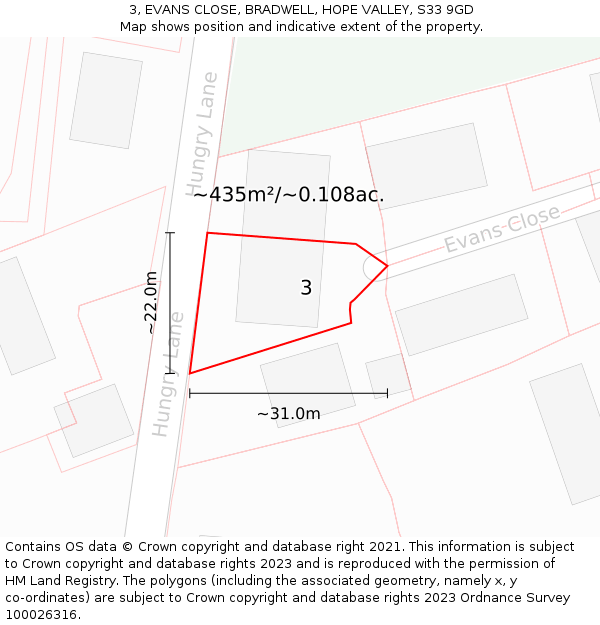 3, EVANS CLOSE, BRADWELL, HOPE VALLEY, S33 9GD: Plot and title map