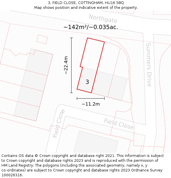 3, FIELD CLOSE, COTTINGHAM, HU16 5BQ: Plot and title map