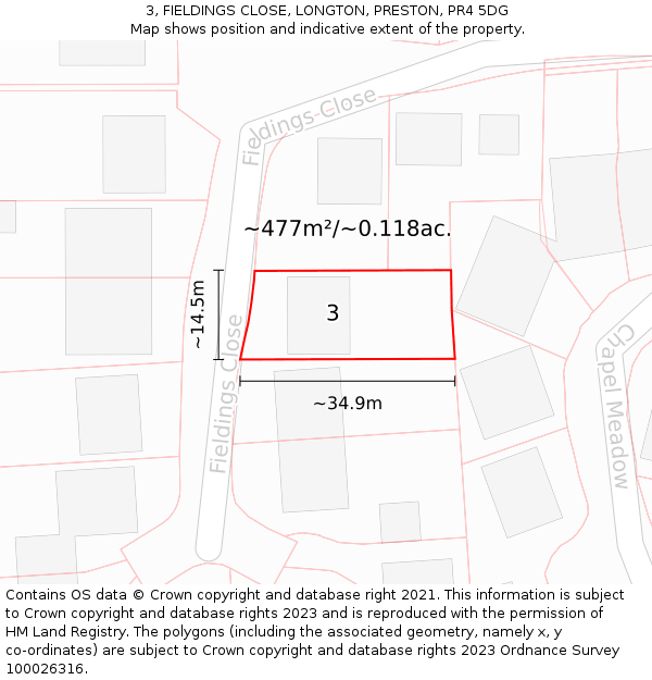 3, FIELDINGS CLOSE, LONGTON, PRESTON, PR4 5DG: Plot and title map