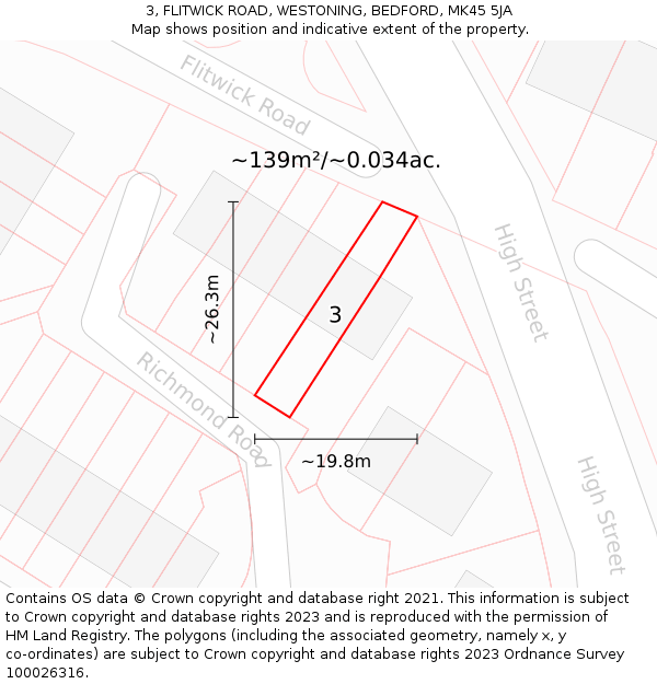 3, FLITWICK ROAD, WESTONING, BEDFORD, MK45 5JA: Plot and title map