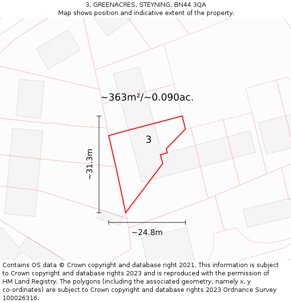 3, GREENACRES, STEYNING, BN44 3QA: Plot and title map