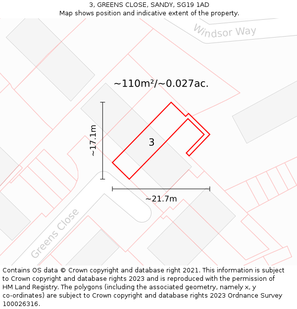 3, GREENS CLOSE, SANDY, SG19 1AD: Plot and title map