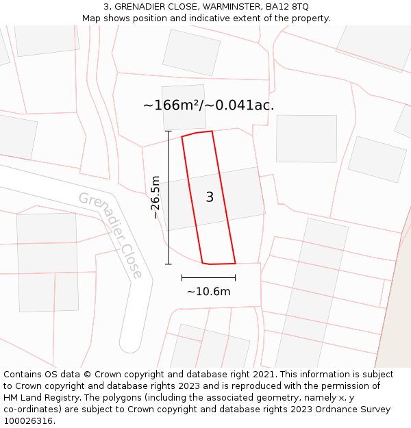 3, GRENADIER CLOSE, WARMINSTER, BA12 8TQ: Plot and title map