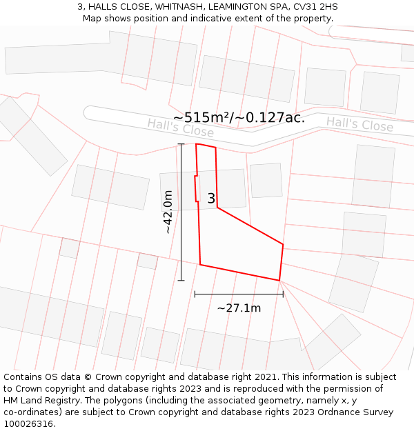 3, HALLS CLOSE, WHITNASH, LEAMINGTON SPA, CV31 2HS: Plot and title map