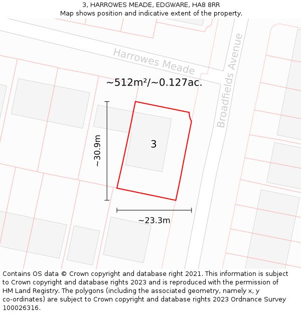 3, HARROWES MEADE, EDGWARE, HA8 8RR: Plot and title map