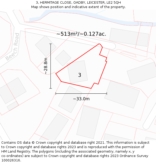 3, HERMITAGE CLOSE, OADBY, LEICESTER, LE2 5QH: Plot and title map