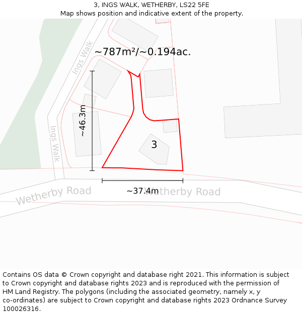 3, INGS WALK, WETHERBY, LS22 5FE: Plot and title map