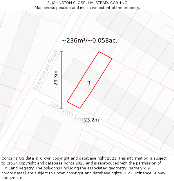 3, JOHNSTON CLOSE, HALSTEAD, CO9 1NG: Plot and title map