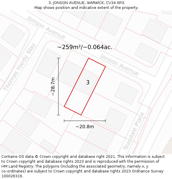 3, JONSON AVENUE, WARWICK, CV34 6PG: Plot and title map