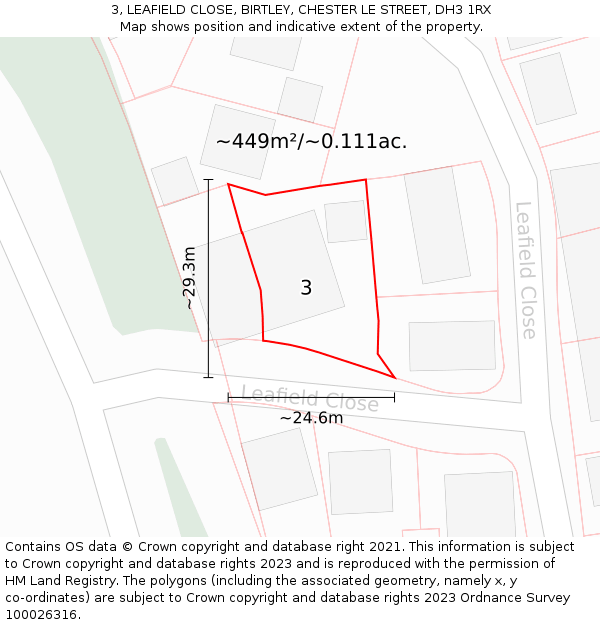 3, LEAFIELD CLOSE, BIRTLEY, CHESTER LE STREET, DH3 1RX: Plot and title map