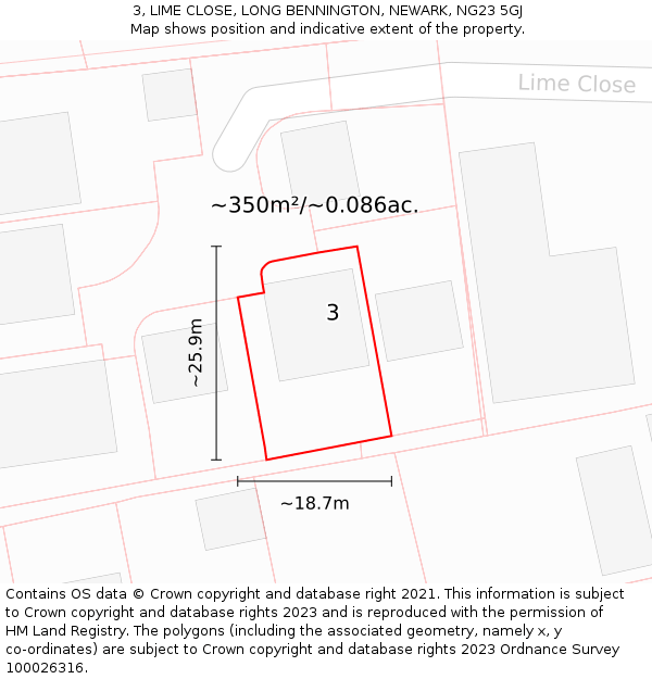 3, LIME CLOSE, LONG BENNINGTON, NEWARK, NG23 5GJ: Plot and title map