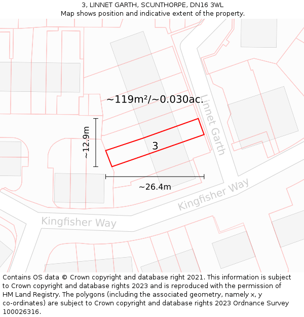 3, LINNET GARTH, SCUNTHORPE, DN16 3WL: Plot and title map