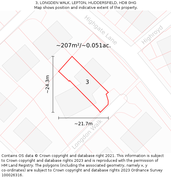 3, LONGDEN WALK, LEPTON, HUDDERSFIELD, HD8 0HG: Plot and title map