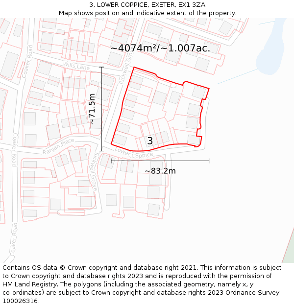 3, LOWER COPPICE, EXETER, EX1 3ZA: Plot and title map