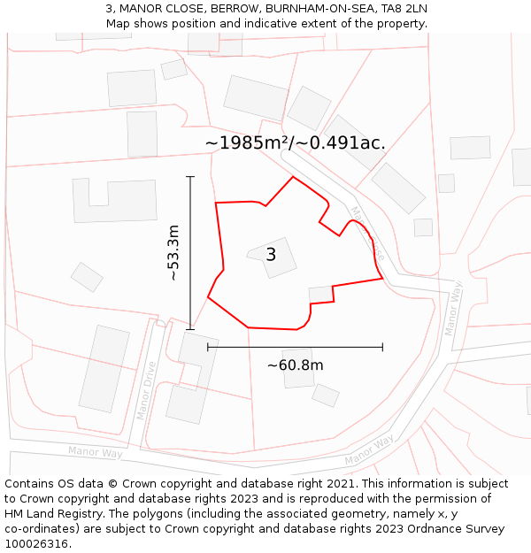 3, MANOR CLOSE, BERROW, BURNHAM-ON-SEA, TA8 2LN: Plot and title map