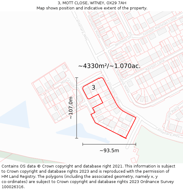 3, MOTT CLOSE, WITNEY, OX29 7AH: Plot and title map