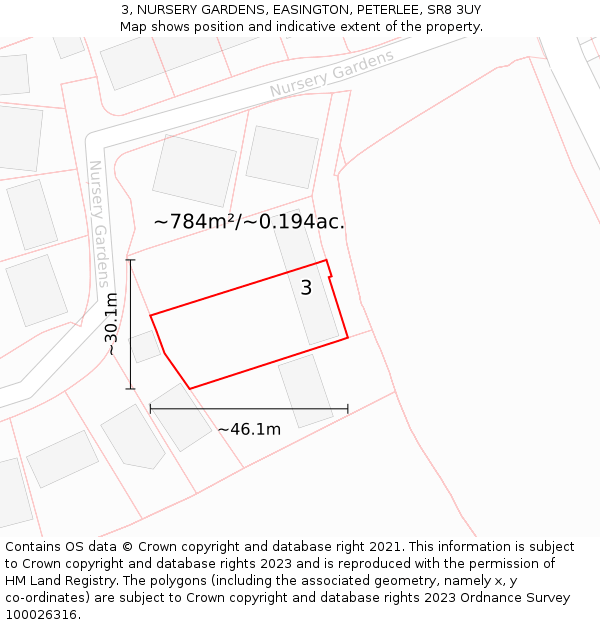 3, NURSERY GARDENS, EASINGTON, PETERLEE, SR8 3UY: Plot and title map