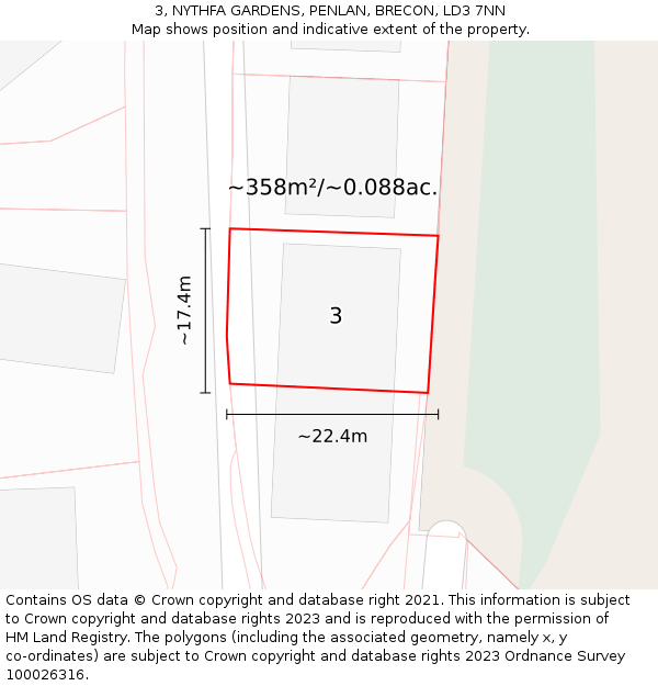3, NYTHFA GARDENS, PENLAN, BRECON, LD3 7NN: Plot and title map