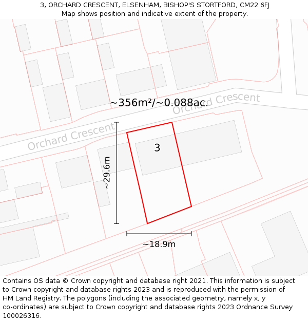 3, ORCHARD CRESCENT, ELSENHAM, BISHOP'S STORTFORD, CM22 6FJ: Plot and title map