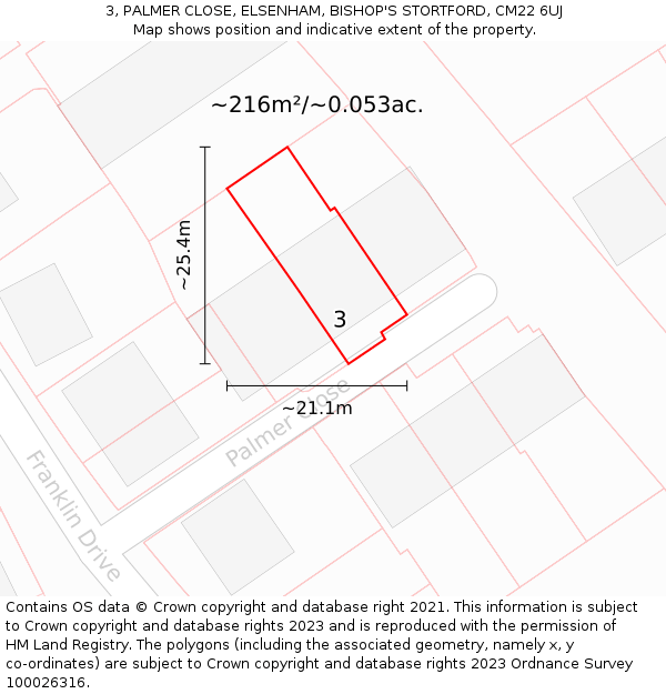 3, PALMER CLOSE, ELSENHAM, BISHOP'S STORTFORD, CM22 6UJ: Plot and title map