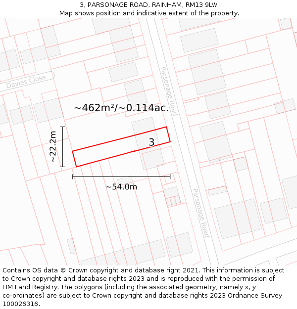 3, PARSONAGE ROAD, RAINHAM, RM13 9LW: Plot and title map
