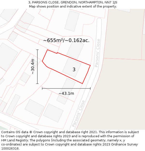 3, PARSONS CLOSE, GRENDON, NORTHAMPTON, NN7 1JS: Plot and title map