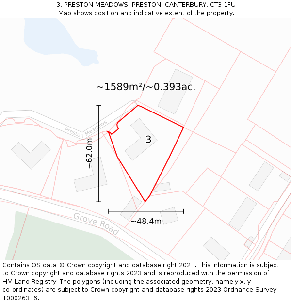 3, PRESTON MEADOWS, PRESTON, CANTERBURY, CT3 1FU: Plot and title map