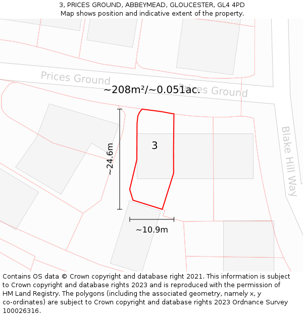 3, PRICES GROUND, ABBEYMEAD, GLOUCESTER, GL4 4PD: Plot and title map