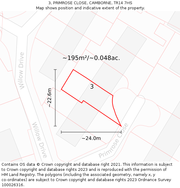3, PRIMROSE CLOSE, CAMBORNE, TR14 7HS: Plot and title map