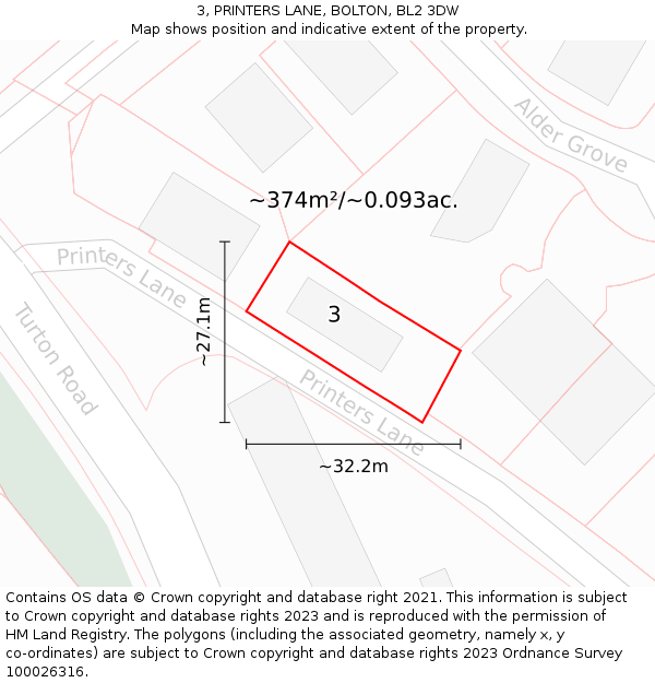 3, PRINTERS LANE, BOLTON, BL2 3DW: Plot and title map