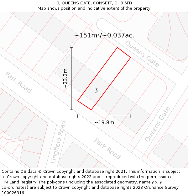 3, QUEENS GATE, CONSETT, DH8 5FB: Plot and title map
