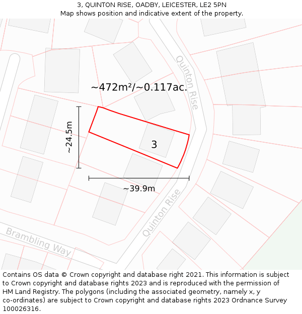 3, QUINTON RISE, OADBY, LEICESTER, LE2 5PN: Plot and title map
