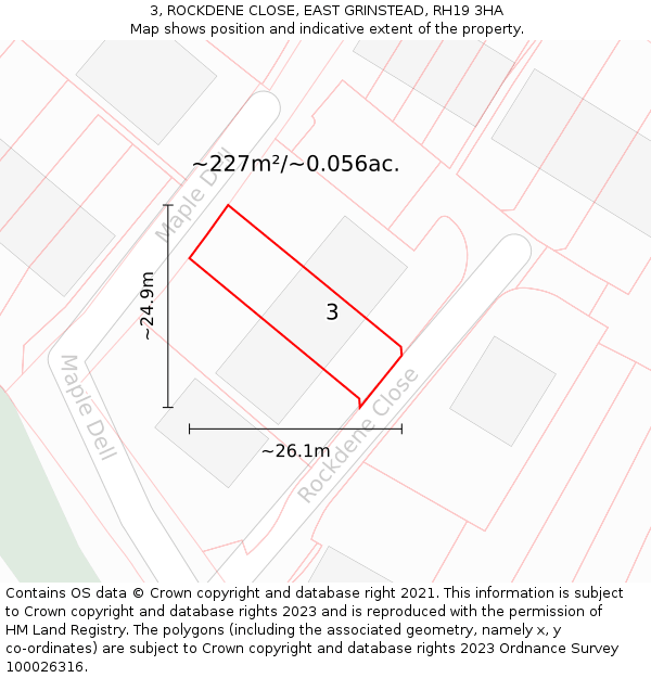 3, ROCKDENE CLOSE, EAST GRINSTEAD, RH19 3HA: Plot and title map