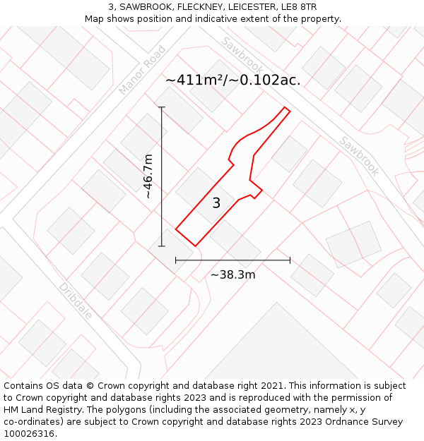3, SAWBROOK, FLECKNEY, LEICESTER, LE8 8TR: Plot and title map