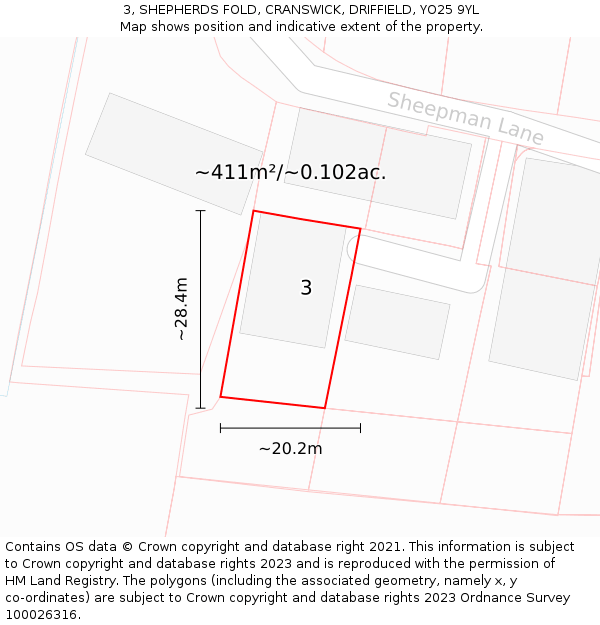 3, SHEPHERDS FOLD, CRANSWICK, DRIFFIELD, YO25 9YL: Plot and title map