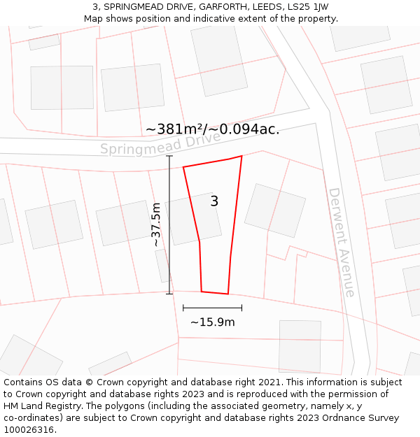 3, SPRINGMEAD DRIVE, GARFORTH, LEEDS, LS25 1JW: Plot and title map