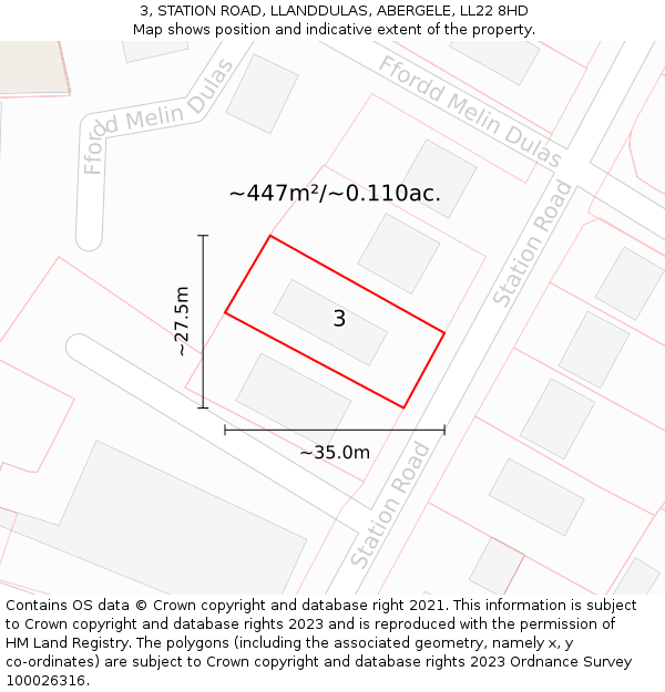 3, STATION ROAD, LLANDDULAS, ABERGELE, LL22 8HD: Plot and title map
