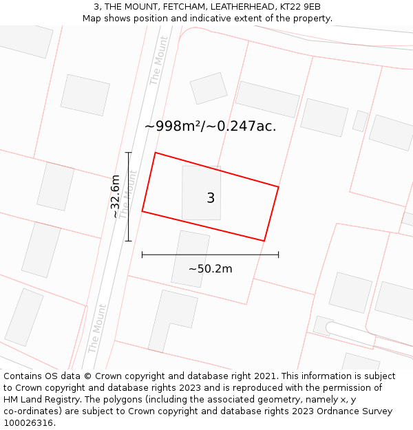 3, THE MOUNT, FETCHAM, LEATHERHEAD, KT22 9EB: Plot and title map