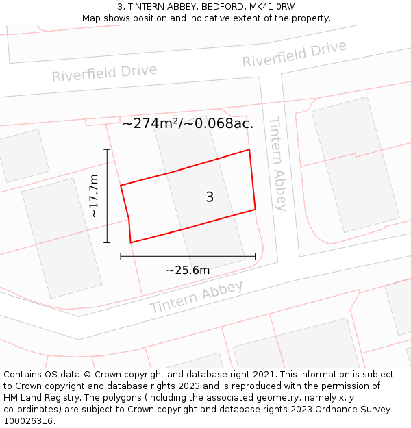 3, TINTERN ABBEY, BEDFORD, MK41 0RW: Plot and title map