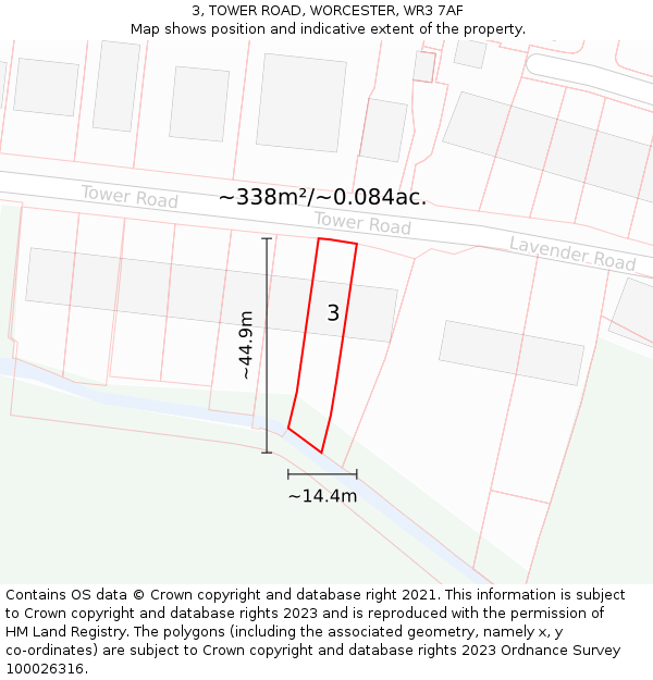 3, TOWER ROAD, WORCESTER, WR3 7AF: Plot and title map