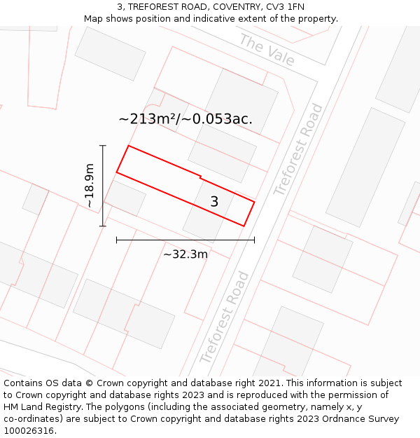 3, TREFOREST ROAD, COVENTRY, CV3 1FN: Plot and title map