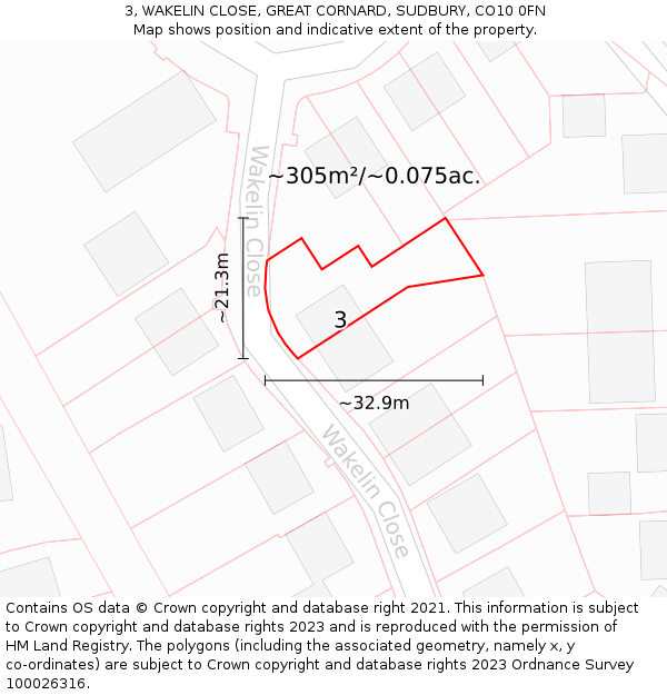 3, WAKELIN CLOSE, GREAT CORNARD, SUDBURY, CO10 0FN: Plot and title map