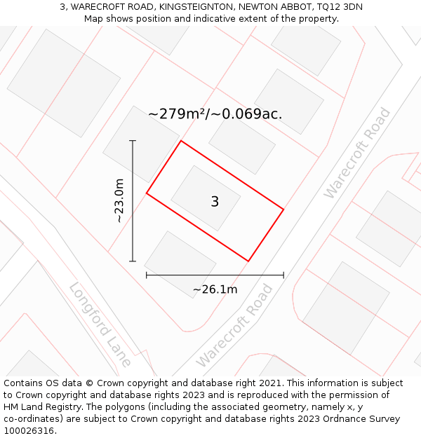 3, WARECROFT ROAD, KINGSTEIGNTON, NEWTON ABBOT, TQ12 3DN: Plot and title map