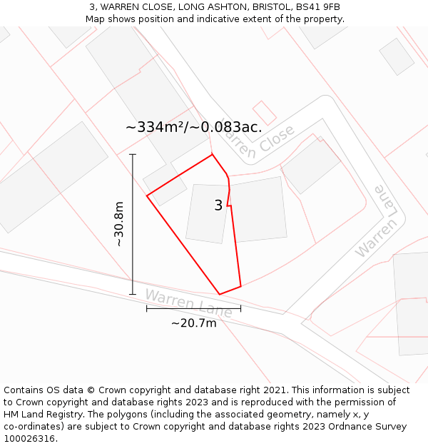 3, WARREN CLOSE, LONG ASHTON, BRISTOL, BS41 9FB: Plot and title map