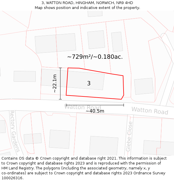 3, WATTON ROAD, HINGHAM, NORWICH, NR9 4HD: Plot and title map